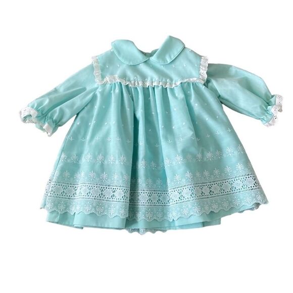 Vintage Annette Elaine Pinafore Eyelet Lace Mint Green Longsleeve Dress 3T